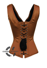 Brown Satin Shoulder Straps White Lace Opening Gothic Burlesque Bustier Waist Training Overbust Corset Costume
